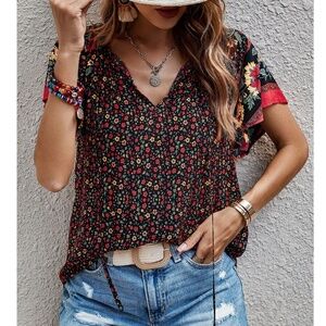 Black Floral Printed Boho Short Sleeve Shirt